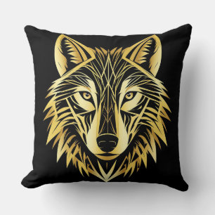 Golden Geometric Wolf Illustration Throw Pillow