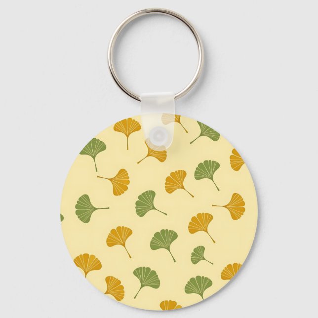 Golden Ginkgo Biloba Leaf Pattern Earthy  Keychain (Front)