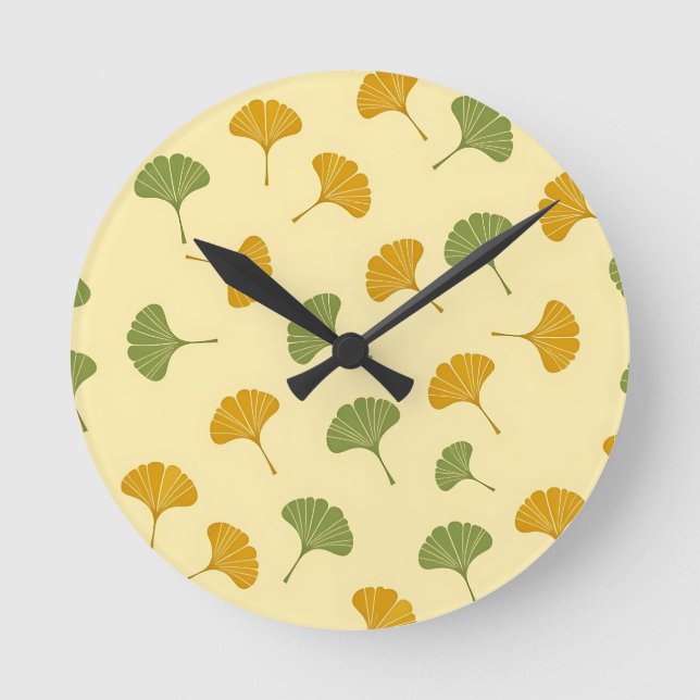 Golden Ginkgo Biloba Leaf Pattern Earthy  Round Clock (Front)