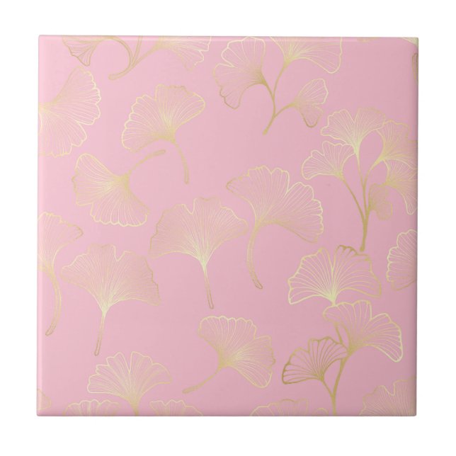 Golden Ginkgo Botanical Blush Nature Pattern Tile (Front)
