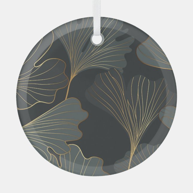 Golden Ginkgo: Luxurious Floral Deco. Glass Ornament (Front)