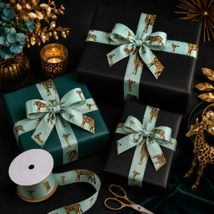 Golden Giraffes Teal Background Satin Ribbon