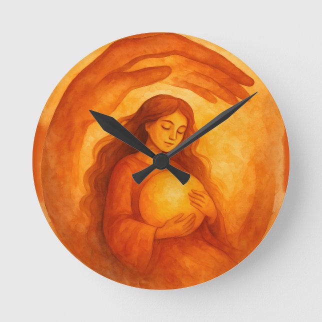 Golden Girl Holding Light Warm Protective Art Round Clock (Front)