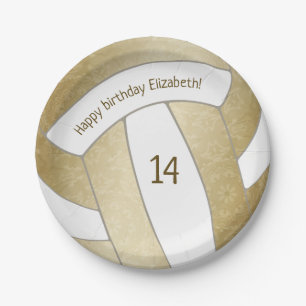 golden girly volleyball birthday party paper plate