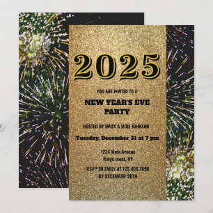 Golden glitter 2025 New Year's Eve Gold Fireworks  Invitation