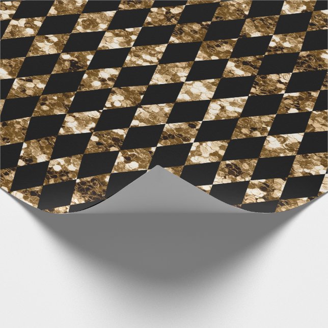 Golden Glitter Black Harlequin Pattern Christmas Wrapping Paper (Corner)