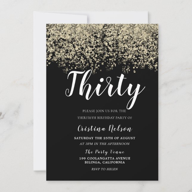 Golden Glitter Black Mens or Womans 30th Birthday Invitation (Front)
