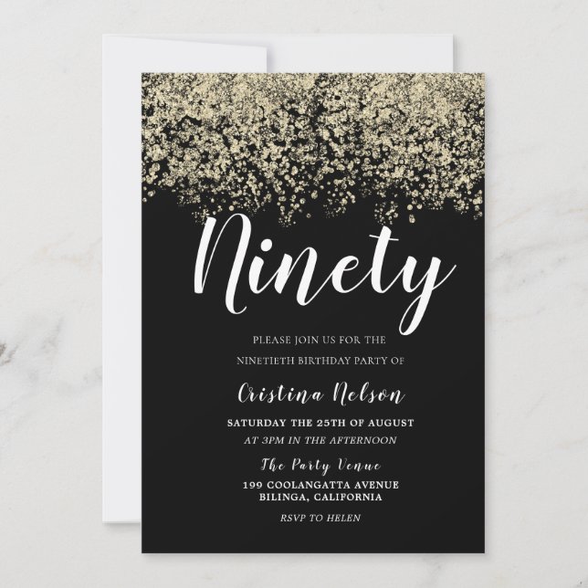 Golden Glitter Black Mens or Womans 90th Birthday Invitation (Front)