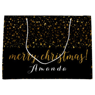 Golden Glitter Black White Merry Christmas Confett Large Gift Bag