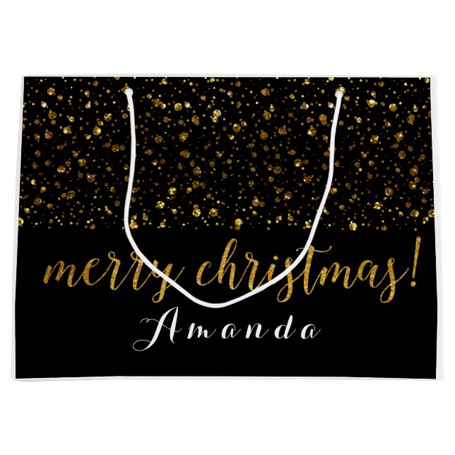 Golden Glitter Black White Merry Christmas Large Gift Bag (Front)