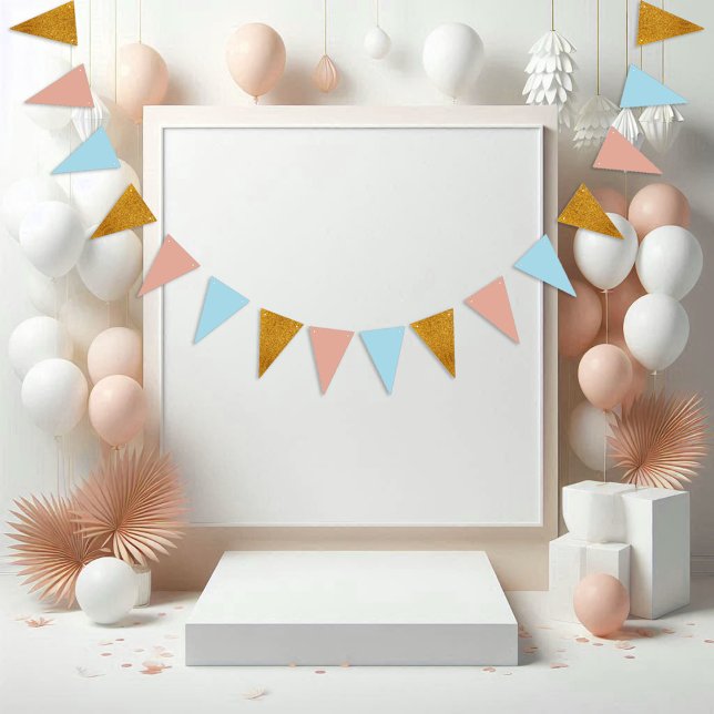 Golden Glitter Blue And Pink Birthday Party Bunting Flags (Creator Uploaded)