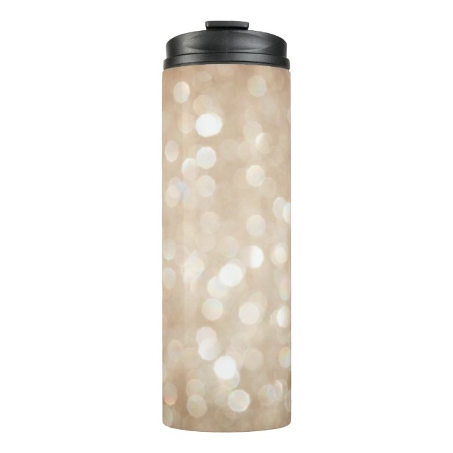 Golden glitter, blurred Christmas background. Thermal Tumbler (Front)