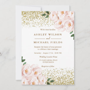 Golden Glitter Blush Flowers Elegant Wedding Invitation