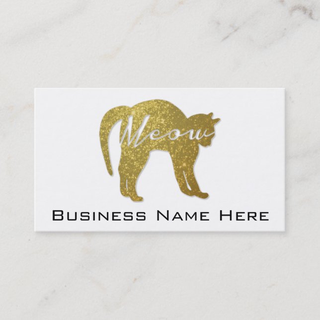 Golden Glitter Cat, Meow Quote Business Card (Front)