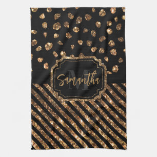 Golden Glitter Dots and Stripes Kitchen Towel
