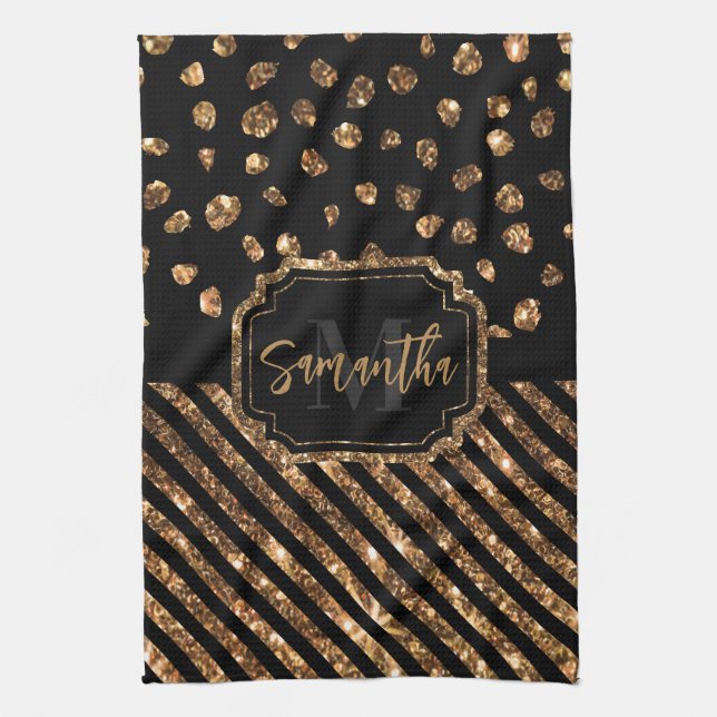 Golden Glitter Dots and Stripes Kitchen Towel (Vertical)