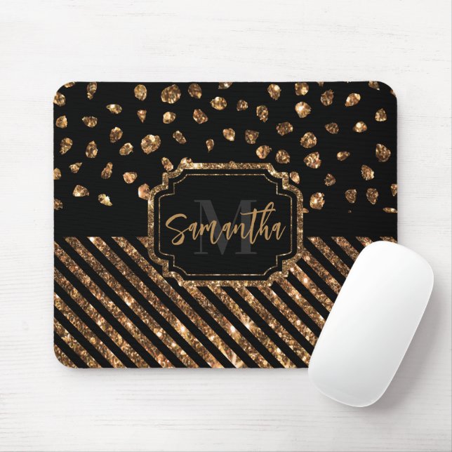 Golden Glitter Dots and Stripes Mouse Pad (With Mouse)
