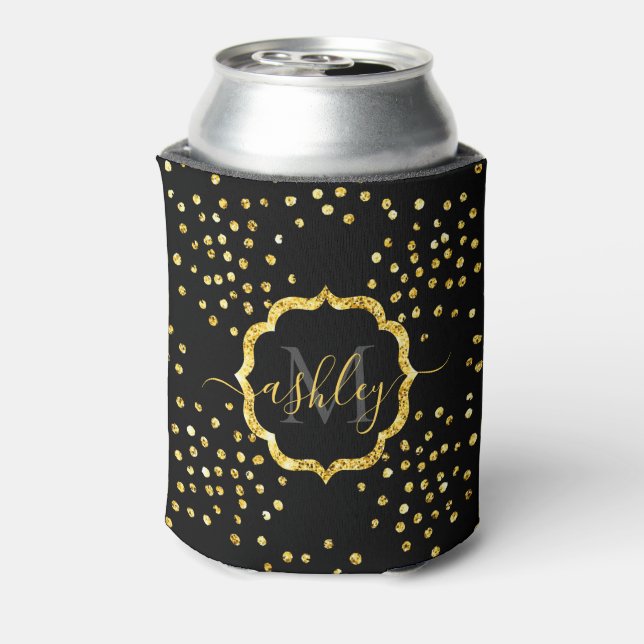 Golden Glitter Dots Monogram Can Cooler (Can Back)