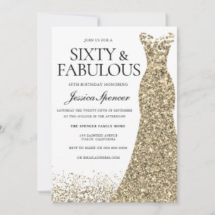 Golden Glitter Dress Womans 60th Birthday Party Invitation