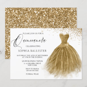 Golden Glitter Gold Gown Dress Quinceanera Invitation