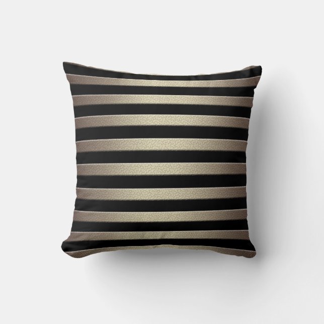 Golden glitter gradient striped lined stripes blac throw pillow (Front)