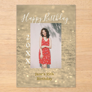 Golden glitter happy 15th birthday photo name year acrylic invitations