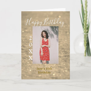 Golden glitter happy 15th birthday photo name year card
