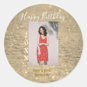Golden glitter happy 15th birthday photo name year classic round sticker