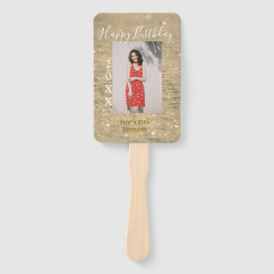 Golden glitter happy 15th birthday photo name year hand fan