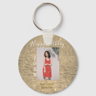 Golden glitter happy 15th birthday photo name year keychain