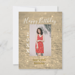 Golden glitter happy 15th birthday photo name year postcard