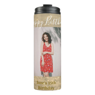 Golden glitter happy 15th birthday photo name year thermal tumbler