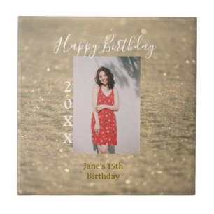Golden glitter happy 15th birthday photo name year tile