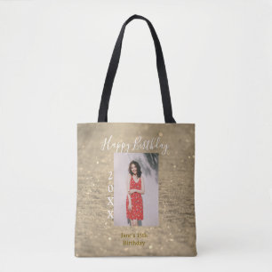 Golden glitter happy 15th birthday photo name year tote bag