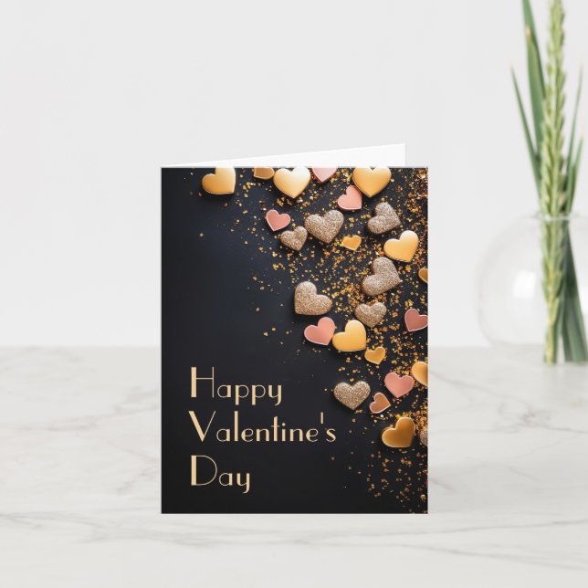 Golden glitter hearts on black ground Valentine's Holiday Card (Front)