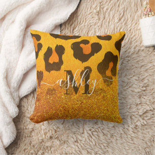 Golden Glitter Leopard Print Throw Pillow