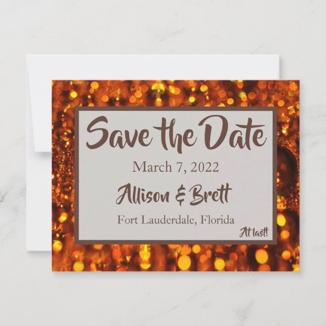 Golden Glitter Lights Save the Date Card (Front)