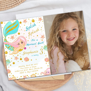 Golden Glitter Mermaid Birthday Invitation