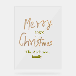 Golden glitter merry christmas add family name yea acrylic sign