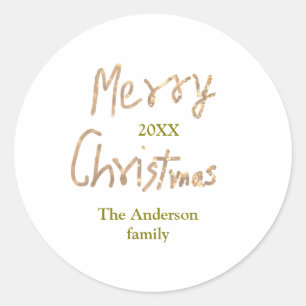 Golden glitter merry christmas add family name yea classic round sticker