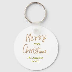 Golden glitter merry christmas add family name yea keychain