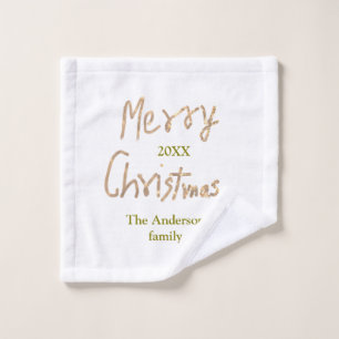 Golden glitter merry christmas add family name yea wash cloth