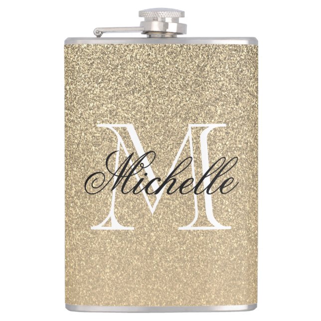 Golden Glitter Monogram Hip Flask (Front)