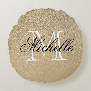 Golden Glitter Monogram Round Pillow
