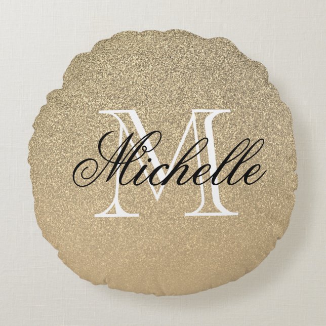 Golden Glitter Monogram Round Pillow (Front)