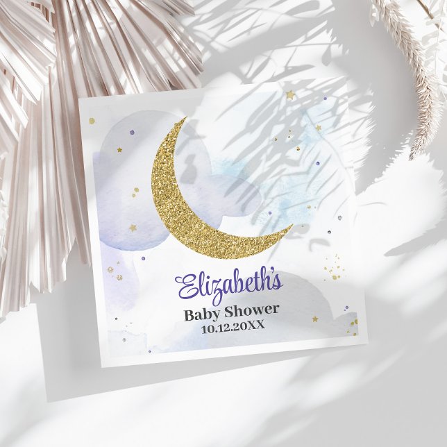 Golden Glitter Moon Baby Shower  Napkin (Golden Glitter Moon Baby Shower Napkins on a sunny white table.)