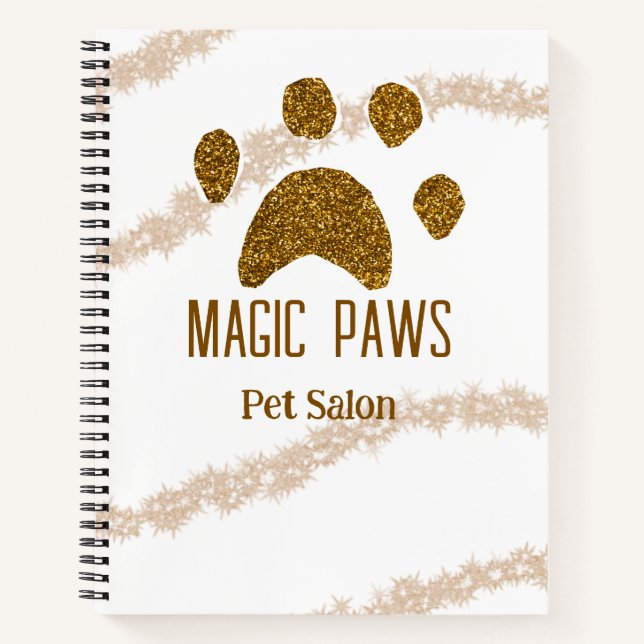 Golden glitter paws pet salon add name email websi notebook (Front)