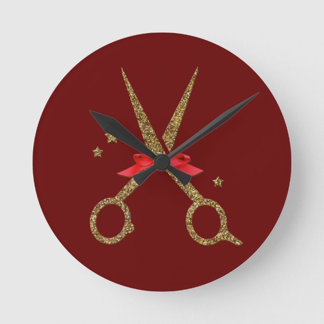 Golden glitter scissors - Hair dresser stylist Round Clock (Front)
