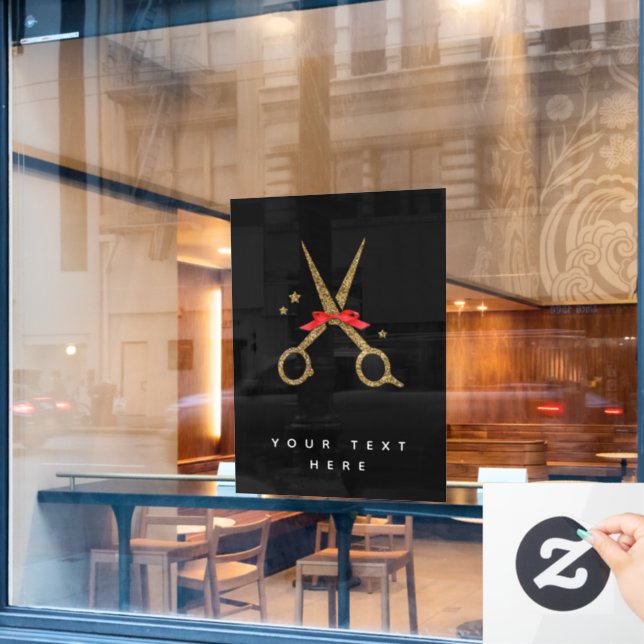 Golden glitter scissors - Hair dresser stylist Window Cling (Cafe Window)