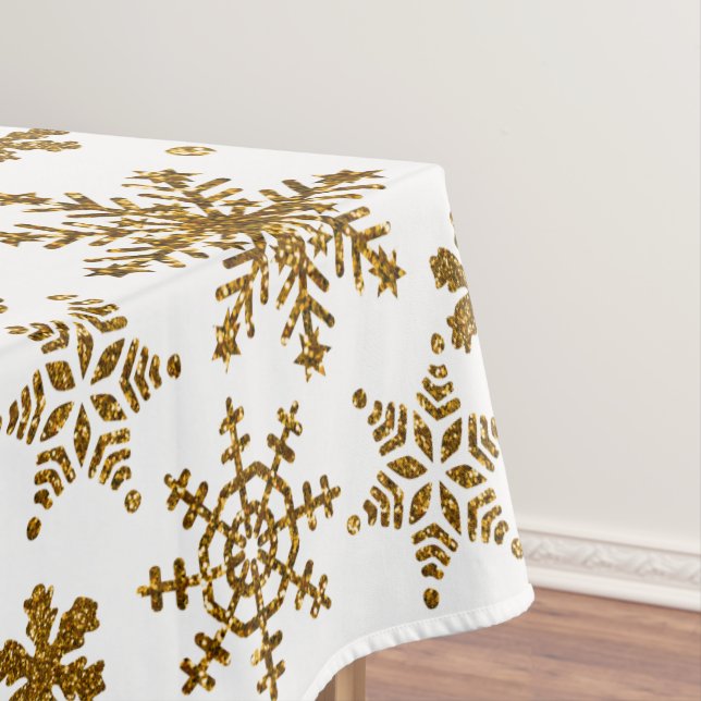 Golden Glitter Snowflakes Christmas Pattern Tablecloth (In Situ)